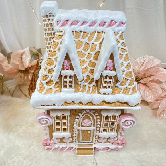 CUPCAKES & CASHMERE Christmas Pink Peppermint Bow Gingerbread House Led Light Up - Picture 2 of 10